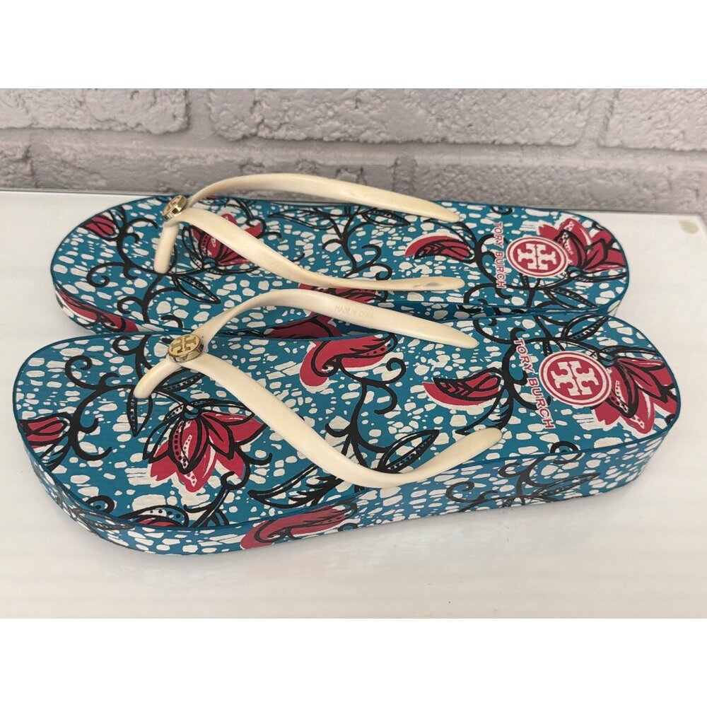 Tory Burch Teal Floral Platform Flip Flop with Cream Straps - Picture 2 of 3